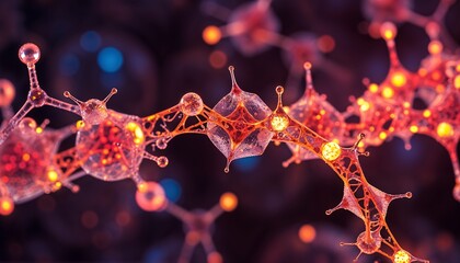 Close-up 3D Render of an Active Neural Network or Biological Cell Structure, Featuring Interconnected Neurons with Glowing Red and Orange Synaptic Connections and a Deep Blue Bokeh Background