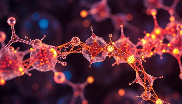 Close-up 3D Render of an Active Neural Network or Biological Cell Structure, Featuring Interconnected Neurons with Glowing Red and Orange Synaptic Connections and a Deep Blue Bokeh Background