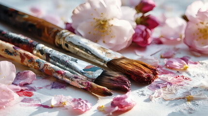 Three paintbrushes with pink cherry blossoms and petals on a white surface, evoking an artistic spring theme.