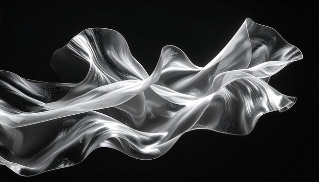 A flowing, iridescent fabric billows against a dark backdrop, with soft, elegant curves. The cloth appears translucent and shimmering, with detailed texture