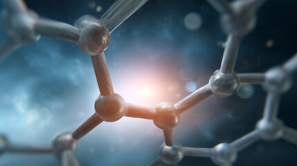 Abstract visualization of molecular structure with glowing bonds set against a cosmic background, showcasing scientific beauty and complexity in 3D.