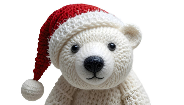 Close-up of a polar bear toy wearing a Santa hat a festive and adorable Christmas decoration isolated on white