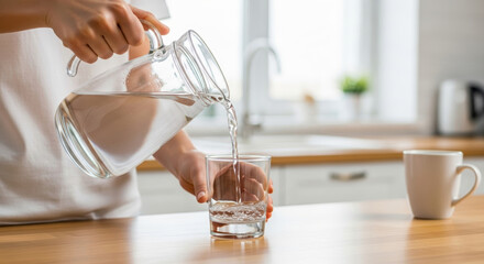 Naklejka premium Person pouring clean water from glass pitcher into drinking glass on kitchen counter promoting easy access to hydration and calm everyday moment