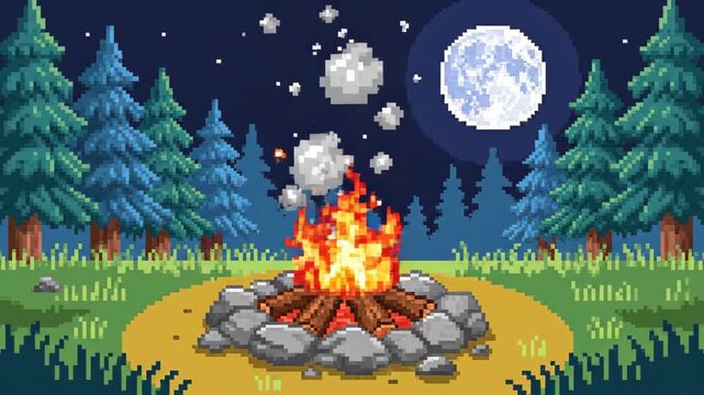 Pixel Art Campfire Under Moonlit Night - A pixel art scene depicting a glowing campfire surrounded by stones in a clearing, with towering pixelated pine trees in the background.