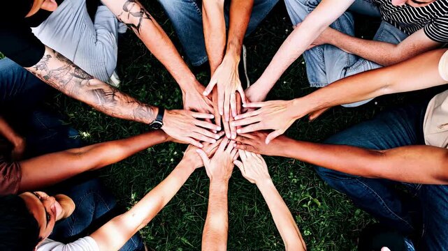 Top-down video shot of diverse hands joining in a circle on grass, symbolizing unity and teamwork. Bright, natural lighting enhances the vibrant scene.