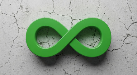 Green infinity symbol on cracked concrete representing circular economy initiative with glossy material and sustainable concept