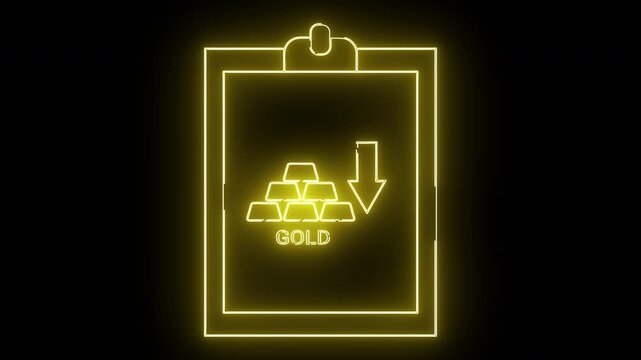 A neon yellow clipboard displays gold bars with a downward pointing arrow and the word GOLD
