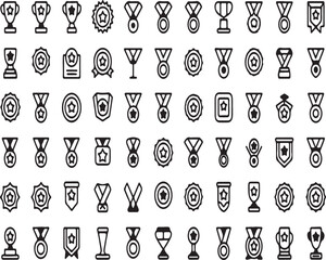 Diverse set of minimalist outline vector icons representing awards, trophies, medals, and badges, symbolizing success, achievement, and recognition in various fields