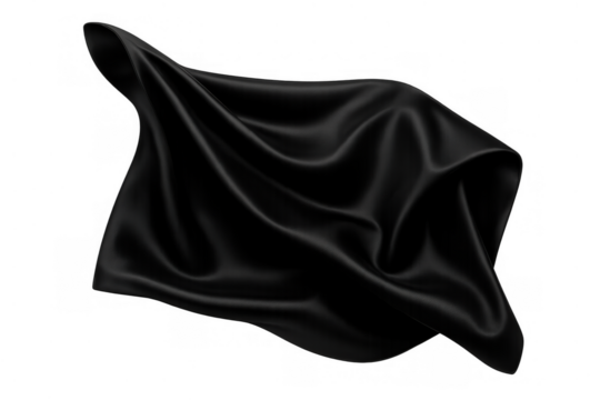 Black silk fabric flowing, elegant drapery creating a luxurious smooth textile background on transparent alpha channel