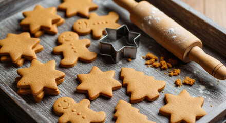 Gingerbread cookies on tray ready for christmas and new year baking with rolling pin and star cutter creating warm festive atmosphere and joyful celebration