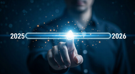 2026 business year end christmas new year futuristic transition progress bar glowing fingertip and spark modern corporate concept celebrating milestone and goal achievement with hopeful festive