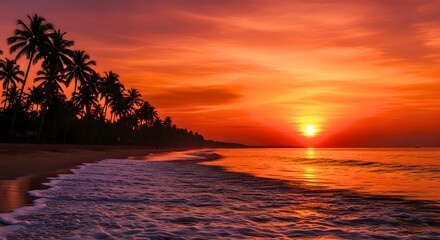Beautiful tropical sunset view with coconut trees and ocean waves glowing under orange sky, peaceful and cinematic, no people.