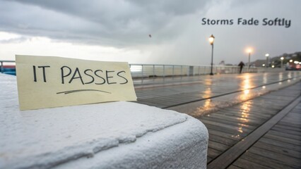 Inspirational Note on a Waterfront Amidst a Stormy Sky with a Reminder that Difficult Times Will Eventually Pass