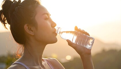 A person drinks water from a clear bottle with sunlight shining in the background. She is hydrated