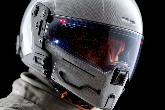 Futuristic helmet with space galaxy reflection, perfect for sci-fi concepts and cutting edge technology visuals - Powered by Adobe