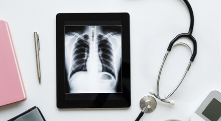 Chest lung x ray doctor cancer check screening digital tablet stethoscope medical imaging diagnosis healthcare radiology white desk notebook pen monitor