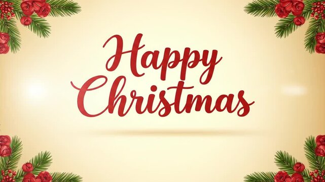 Happy Christmas" text in red with floral & pine border on beige background