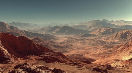 Naklejka premium Mars landscape showing rock desert and sky concept. Stunning mountainous landscape under a clear blue sky.