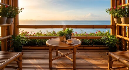 Obraz premium Tropical balcony filled with morning light and calm atmosphere.