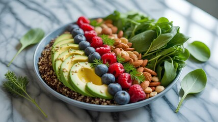 A vibrant bowl filled with quinoa, avocado slices, blueberries, raspberries, almonds, and spinach, arranged in neat rows.