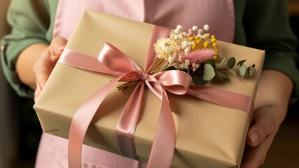 Elegant holiday gift wrapped gold paper with pink satin ribbon and dried flower accent conveying warm Christmas work celebration and thoughtful giving spirit. person holding wrapped present with - Powered by Adobe