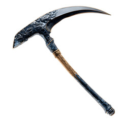 Scythe: A beautifully crafted scythe, its curved blade gleaming, rests against the white. The intricate details of the handle and blade speak of a time-honored tool.