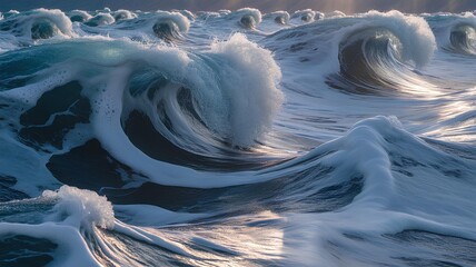 Ocean waves crashing and churning, creating white foam and spray, with sunlight reflecting on the water's surface.