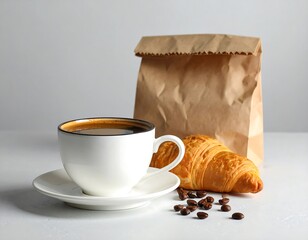 A cup of coffee with a croissant and a paper bag. Coffee beans are scattered on the surface. Simple composition