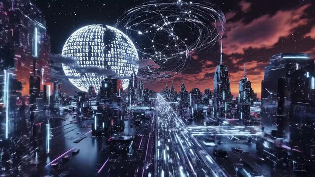 Futuristic Cyberpunk Cityscape - This video showcases a futuristic cityscape with glowing skyscrapers and a sphere displaying binary code.