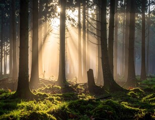 Sun rays stream through trees in a lush, green, mossy forest (1)