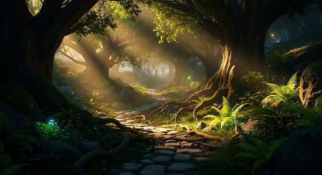 Enchanted forest path with sun rays illuminating lush trees and glowing plants
