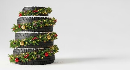 Four stacked car tires decorated with Christmas garlands and ornaments. The scene captures a festive atmosphere in a car service repair shop during the holiday season.