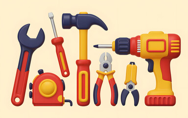 Set of construction tools including wrench screwdriver hammer pliers tape measure and drill for repairs