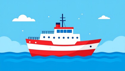 Obraz premium A vibrant illustration shows a white and red vessel sailing on a bright blue sea beneath a clear sky with soft clouds
