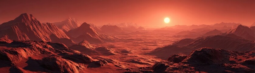 Naklejka premium Mars landscape showing rock desert and sky concept. A stunning extraterrestrial landscape under a red sun.