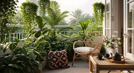 Fototapeta premium A minimalist tropical balcony filled with green plants, rattan chair, batik cushion, and bamboo table with a tea set, bathed in morning light. Peaceful and natural lifestyle concept, no people.