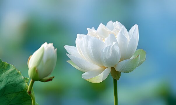 white lotus with pure white petals, one completely open and complex structure, the other flower bud shaped with large leaves