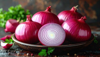 Arrangement of Red Onions on Rustic Plate with Greens in Dark Setting