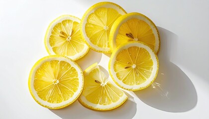 Arrangement of Sliced Lemons on White Surface in Bright Lighting with Shadows Yellow Citrus Fruit Close Up and Minimalist Background
