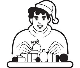 A cheerful person in a Santa hat wrapping gifts for Christmas celebrations and holiday preparations