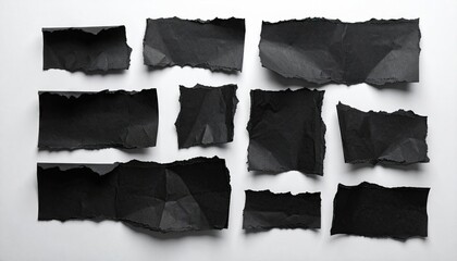 Arrangement of Torn Black Paper Pieces on a White Background in Flat Lay Top View Composition Featuring Rough Edges and Subtle Shadows with Minimalist Clean