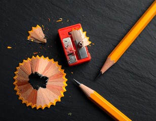Pencil shavings and sharpener on dark slate