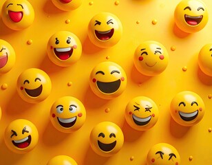 Arrangement of Yellow Emoji Balls with Various Facial Expressions on a Vibrant Yellow Background