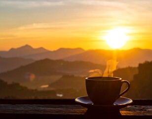 A cup of steaming beverage sits on a wooden surface overlooking a mountain range at sunrise. The sun is peeking over the peaks