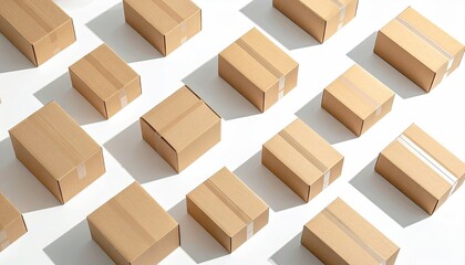 Array of Brown Cardboard Boxes on White Background with Harsh Shadows