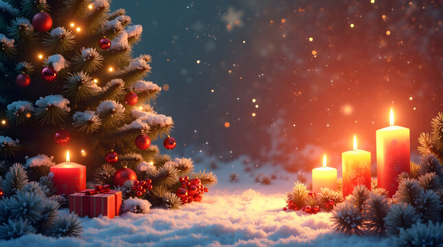 Christmas background image with glowing red lights, pine trees, candles, ornaments, snowflakes, and warm festive holiday charm.
