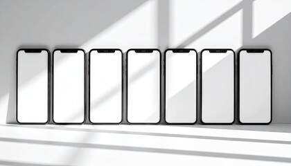 Array of Smartphones with Blank Screens Under Sunlight Mockup