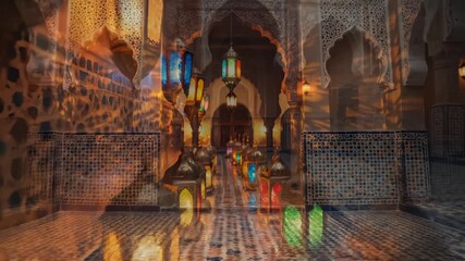 Illuminated Lanterns in Ornate Moroccan Building, Holiday Decoration