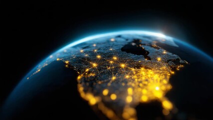 Stunning view of Earth from space with glowing city lights and a dark cosmic background - Powered by Adobe