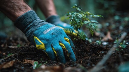 Naklejka premium Man Plants Seedling in Forest for Nature Care and Reforestation Efforts During Sunny Day in Springtime